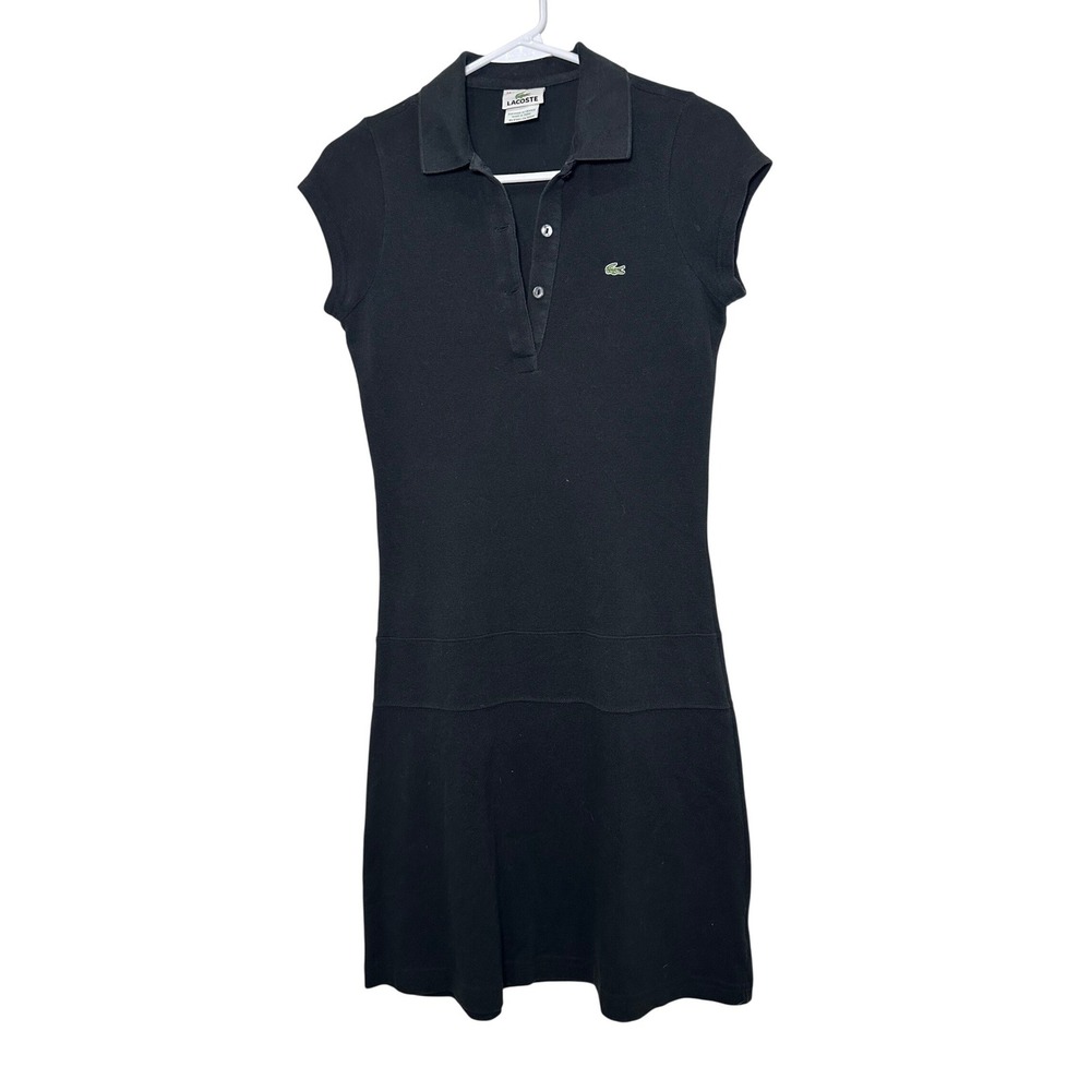 Lacoste Black Cotton Pique Polo Dress Short Cap Sleeve Logo 5191L Size 34